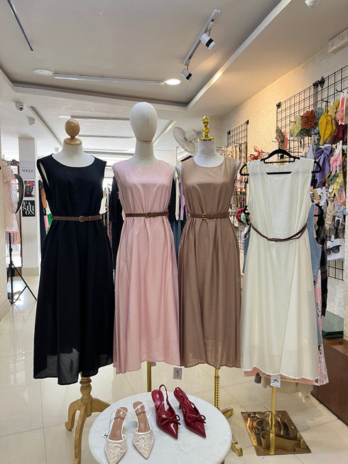 Summer Round Neck Casual Pocket Dress With Belt